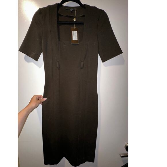 NWT Gucci Espresso Brown Square Neck Short Sleeve Bodycon Sheath Dress - Picture 1 of 6